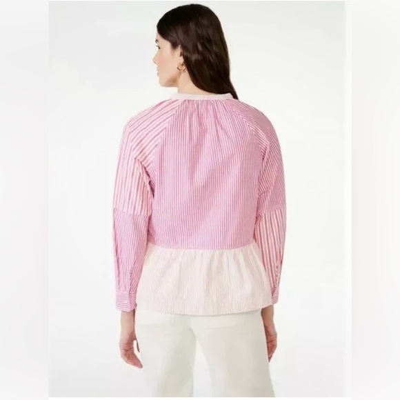 Free Assembly Women's V-Neck Peplum Top with Long Sleeves  S Pink Stripes - Picture 3 of 14